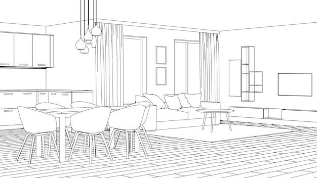 Modernes Hausinterieur. Design-Projekt. Skizzieren. 3D-Rendering.