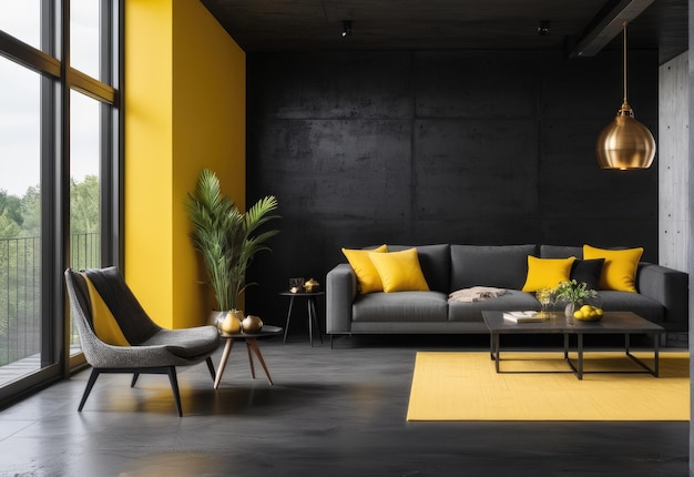 Modernes Hausinterieur im Loft-Stil Schwarze Betonwand und gelbe Elemente