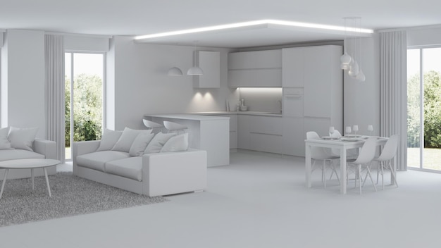 Modernes Hausinterieur. Instandsetzung. Graues Interieur. 3D-Rendering.