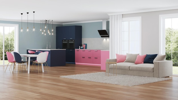 Modernes Hausinterieur. Rosa Küche. 3D-Rendering.