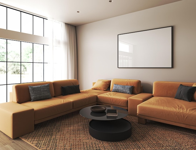 Foto modernes, helles pastellhaus mit leuchtend orangefarbener couch und großem fenster mit skandinavisch-braunem teppich