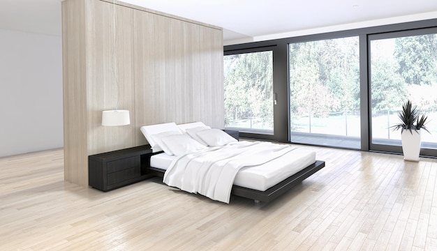 Modernes, helles Schlafzimmer Interieur 3D-Rendering