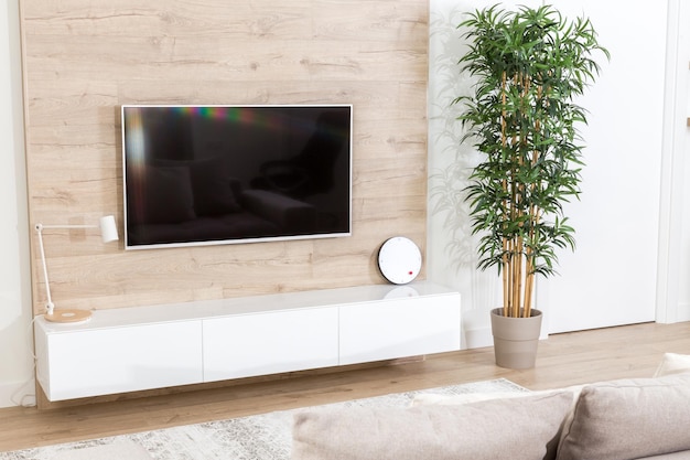 Modernes helles Wohnzimmer mit Fernsehausrüstung