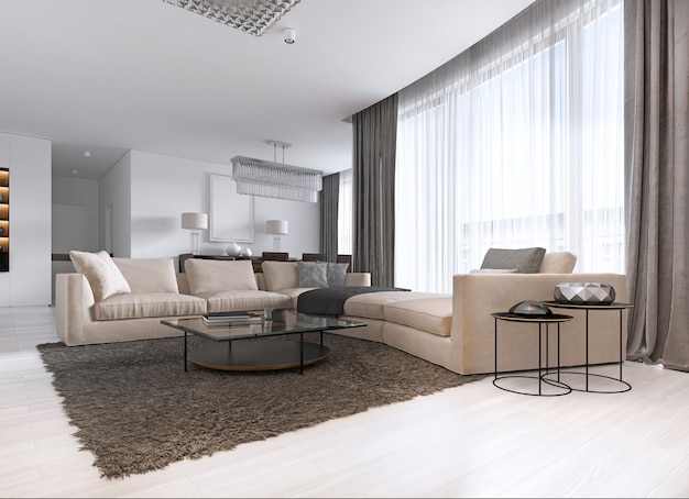 Modernes helles zeitgenössisches Wohnzimmer mit großem Ecksofa und Essbereich. Konsole mit Spiegel, TV-Gerät, Couch- und Beistelltisch. 3D-Rendering.