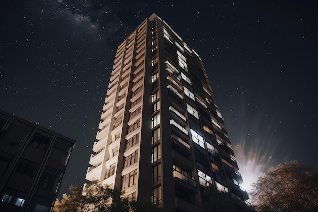 Modernes Hochhaus mit Blick auf den Nachthimmel mit sichtbaren Sternen und Mond, erstellt mit generativer KI