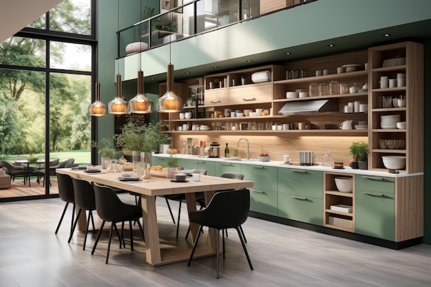 modernes Holz- und grünes Küchenthema, professionelle Werbefotografie