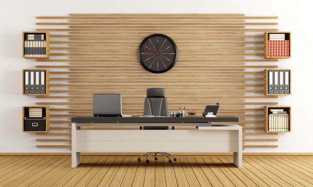 Modernes Holzbüro mit Schreibtisch und Bücherregal aus Holz