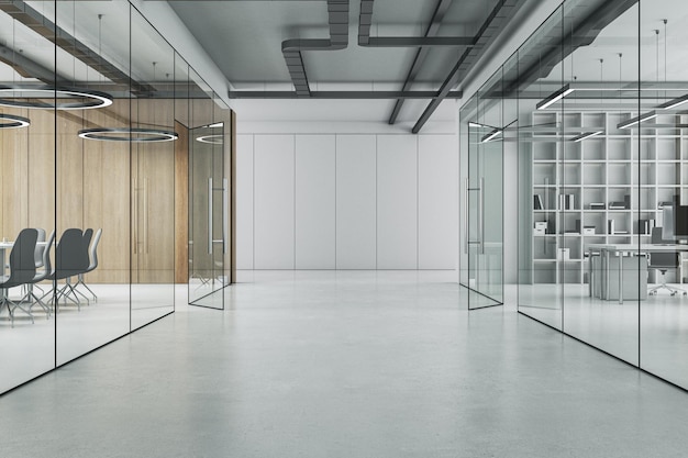 Modernes Holzglas- und Betonbürointerieur mit Tageslicht 3D-Rendering