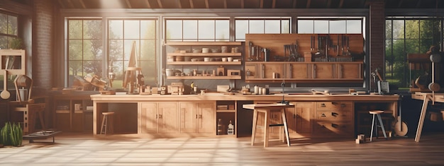 Modernes Holzwerkzimmer mit an der Wand hängenden Werkzeugen Holzwerkstatt Ein Raum am Fenster