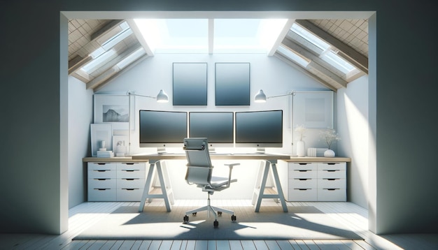 Foto modernes home-office-interieur mit doppelten bildschirmen auf einem weißen schreibtisch, ergonomischem stuhl und hellem naturlicht aus dem dachfenster