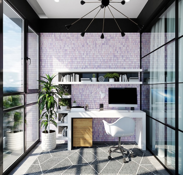 Modernes Home-Office-Interieur mit einem lila Mosaik an der Wand. 3D-Rendering