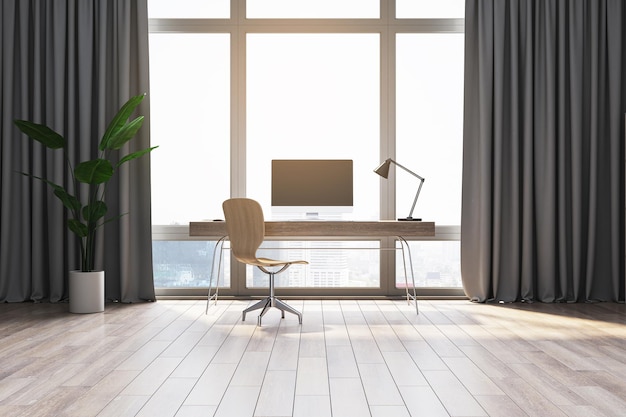 Modernes Home-Office-Interieur mit Möbelausstattung, Panoramafenster mit Vorhängen mit Blick auf die Stadt und Holzboden, 3D-Rendering