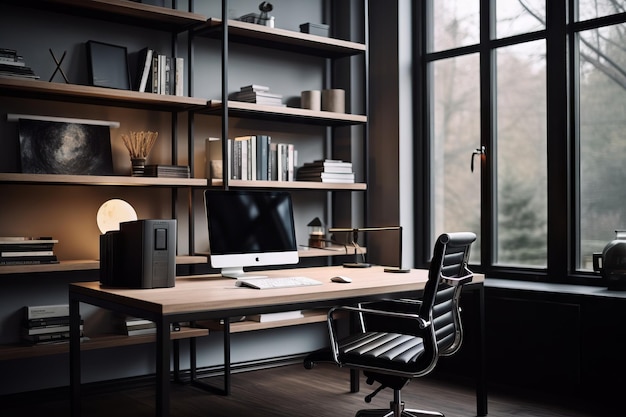 Modernes industrielles Heimbüro mit schlankem Metallschreibtisch, das von KI generiert wurde