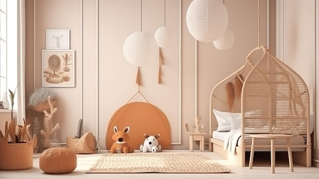 Modernes Innendesign für Kinderzimmer Kinderschlafzimmer im Boho-Stil mit Spielzeugbett mit Holzelementen, Lampen und Dekor Zeitgenössischer Wohnraum mit Möbelillustrationshintergrund Generative KI