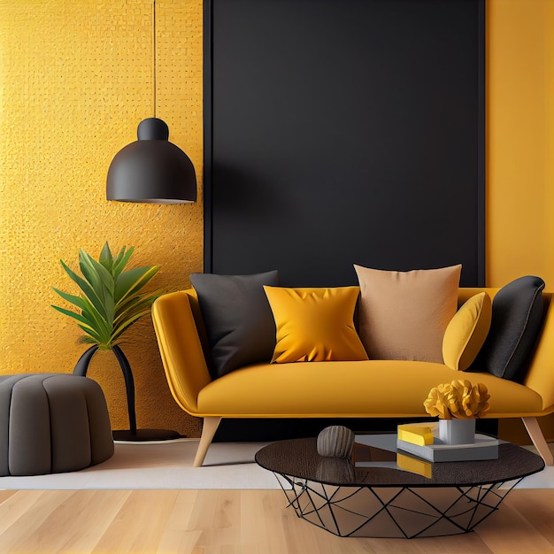 Modernes Innendesign gelbes Sesselsofa im Wohnzimmer mit und verspottetem Plakatrahmen