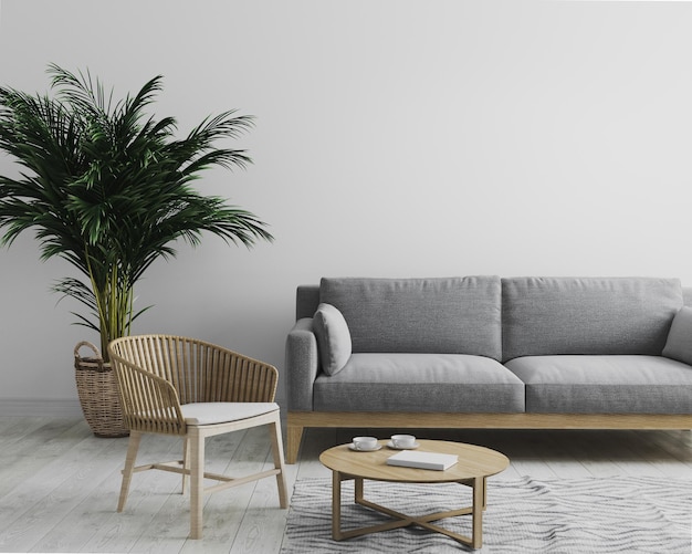Modernes Innenraum des Wohnzimmers in grauen Tönen mit grauem Sofa und Holz-Sessel Palmenbaum und Coffee-Tisch Wohnzimmer Innenraum Hintergrund Skandinavischer Stil Wohnzimmer-Mockup 3D-RenderxA