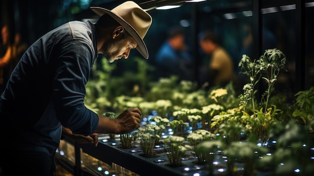 Modernes intelligentes Gewächshaus Selektiver Fokus auf einen Sämling Zukünftige Landwirtschaft Generative KI
