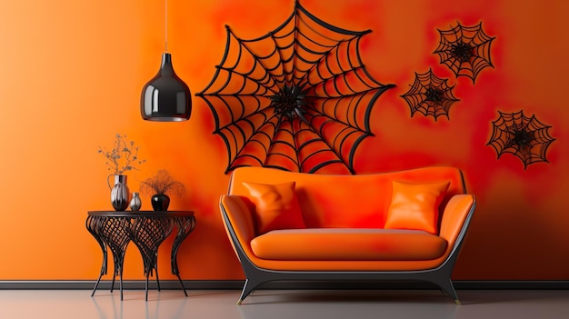 Modernes Interieur, das für Halloween dekoriert wurde, gemütliche Herbstpalette Wohnzimmerinterieur