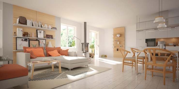Foto modernes interieur der küche mit wohnzimmer