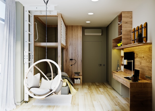 Modernes Interieur des Jungenschlafzimmers in warmen Beigetönen. 3D-Rendering