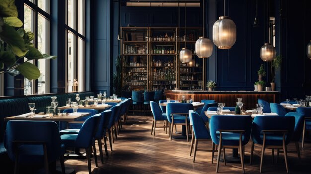 Modernes Interieur des Restaurants zum Abendessen und Ausruhen mit toller Theke im Restaurant- oder Café-Hintergrund