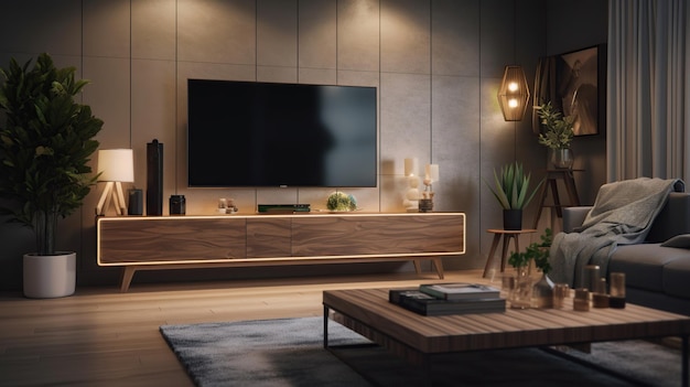 Modernes Interieur des Wohnzimmers mit Holzschrank Generative AI