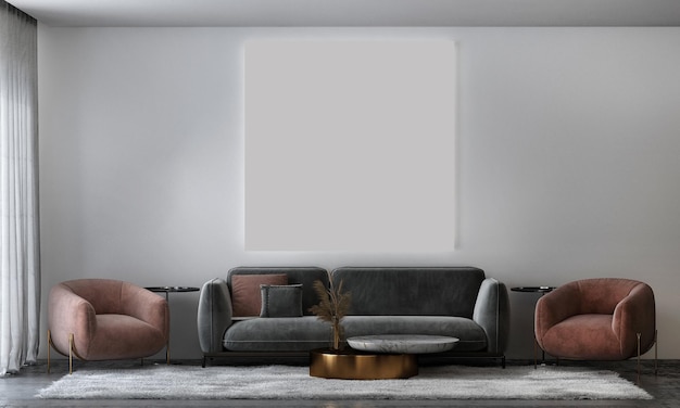 Modernes Interieur des Wohnzimmers mit weißem Sofa und Posterrahmen auf weißem Wandhintergrund