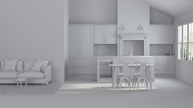 Modernes Interieur eines Landhauses. Instandsetzung. Graues Interieur. 3D-Rendering.