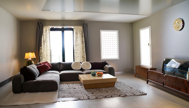 Modernes Interieur im offenen Raum mit modularen Design-Sofamöbeln und Couchtischkissen