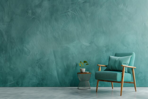 Modernes Interieur mit einem einzigen Stuhl und dekorativen Zweigen gegen eine strukturierte türkisfarbene Wand