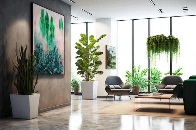 Modernes Interieur mit Gemälden und Zimmerpflanzen in leerer Bürolobby