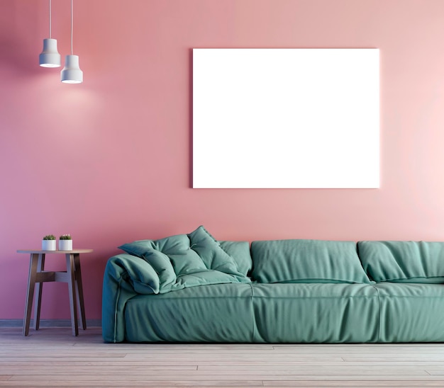 Modernes Interieur mit Mockup-Poster an der Wand und Sofa Rosa und grüne Farbe 3D-Rendering