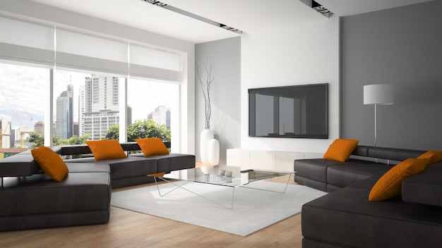 Modernes Interieur mit zwei Sofas und orangefarbenen Kissen 3D-Rendering