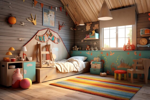 Foto modernes kinderzimmer-innendesign im haus mit dekoration für kinder. buntes kinderzimmer