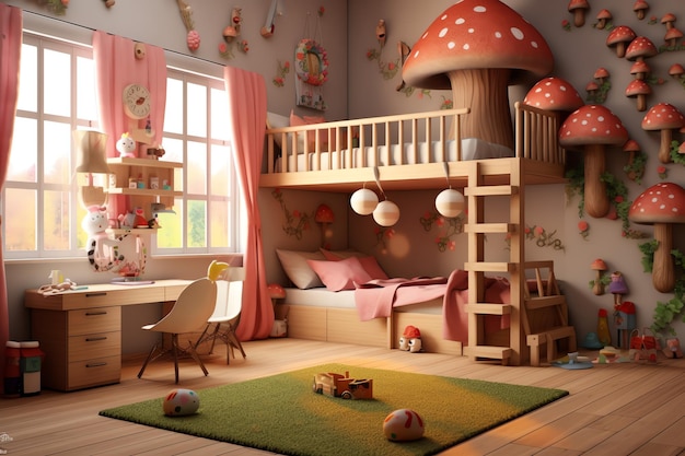 Modernes Kinderzimmer-Innendesign im Haus mit Dekoration für Kinder. Buntes Kinderzimmer