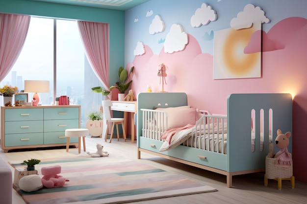 Modernes Kinderzimmer-Innendesign im Haus mit Dekoration für Kinder. Buntes Kinderzimmer