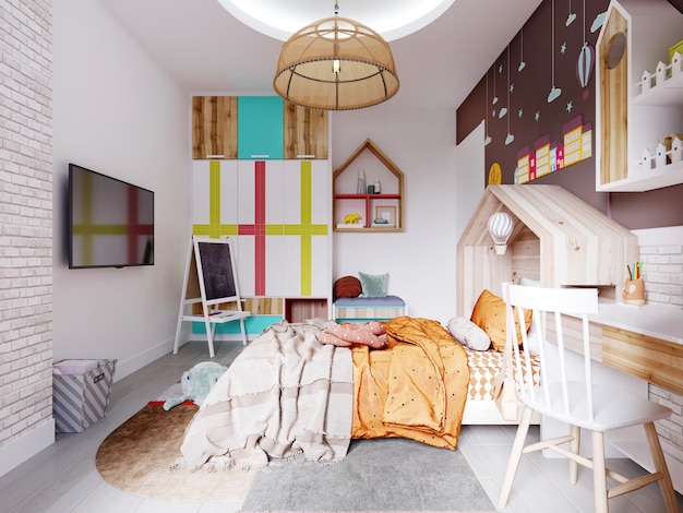 Modernes Kinderzimmer mit weißer und brauner Wand und Bett mit orangefarbener Decke und Kopfteilhaus