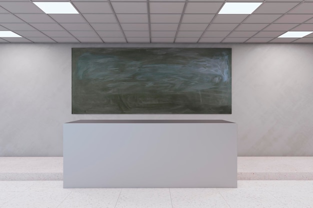 Modernes Klassenzimmer aus Beton mit Schreibtisch und leerer Mock-up-Tafel Zurück zum Schul- und Innenkonzept 3D-Rendering
