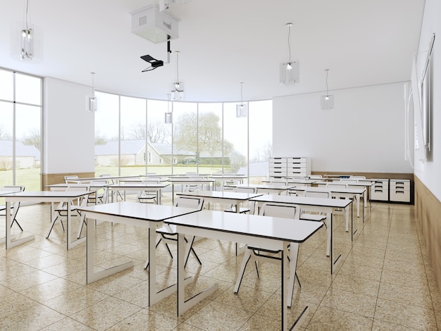 Modernes Klassenzimmer mit großen Panoramafenstern und weißen Schreibtischen, helles Interieur. 3D-Rendering
