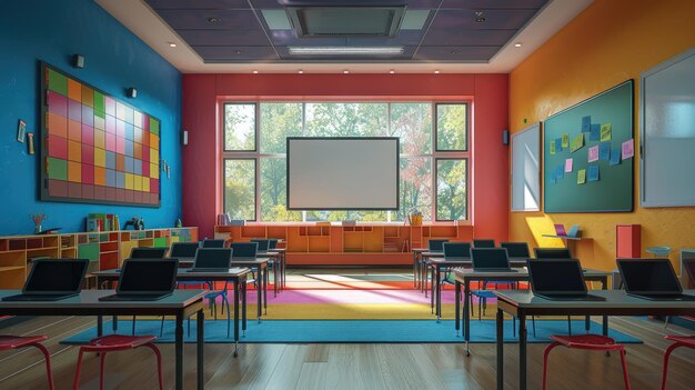 Modernes Klassenzimmer mit interaktiven Smartboards und individuellen Schülertablets für ein verbessertes Lernen mit festem Farbhintergrund 4K ultra hd
