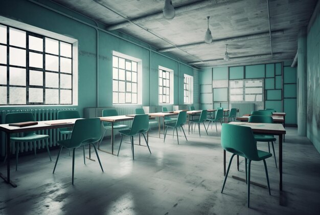 Modernes Klassenzimmer mit natürlichen hellgrünen Blättern, 3D-Rendering im Stil von dunklem Türkis und Dunkelgrau