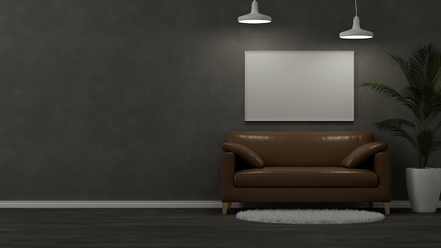 Modernes klassisches dunkles Wohnzimmer mit braunem Ledersofa und leerem Rahmenmodell 3D-Rendering