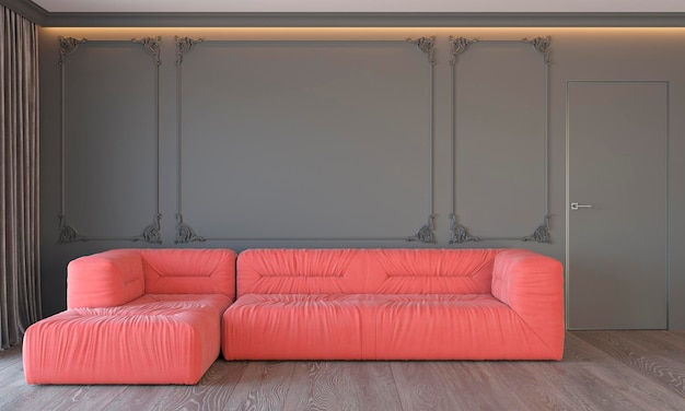 Modernes, klassisches graues Interieur mit Wohnkorallen-Sofa-Wandleisten, hinterleuchteter Holzbodentür und Vorhängen an der Decke