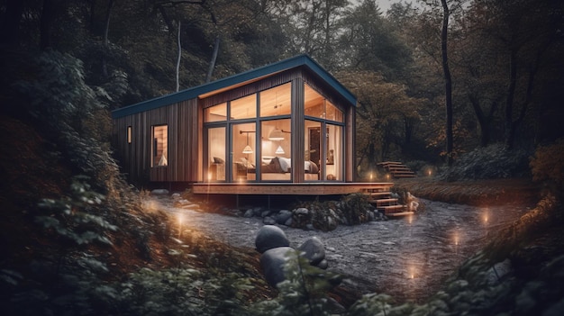 Modernes kleines Haus im Wald, Scheunenhaus, gemütlich, realistisch, Al generiert