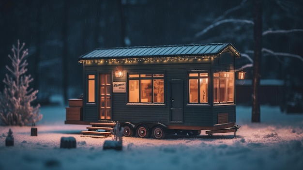 Modernes kleines Haus im Winterwald, Scheunenhaus, gemütliches Al-Gen