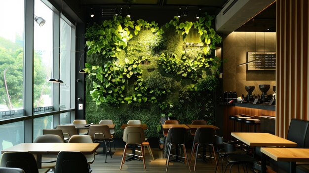 Modernes Öko-Café mit einer lebendigen grünen Wand und einem vertikalen Garten Modernes Innenraum mit überdachter grüner Pflanze