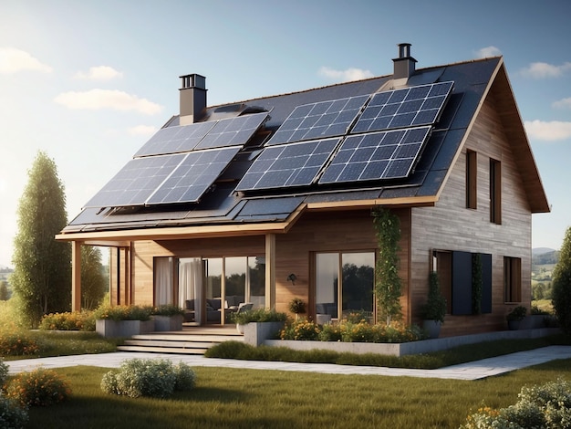Modernes Öko-Haus mit Sonnenkollektoren und Windmühlen zur Nutzung alternativer Energie3d-Rendering