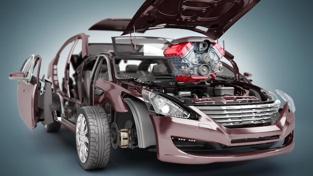 Modernes Konzept der Autoreparaturarbeiten Details des roten Autos auf einem grauen Hintergrund 3D-Rendering