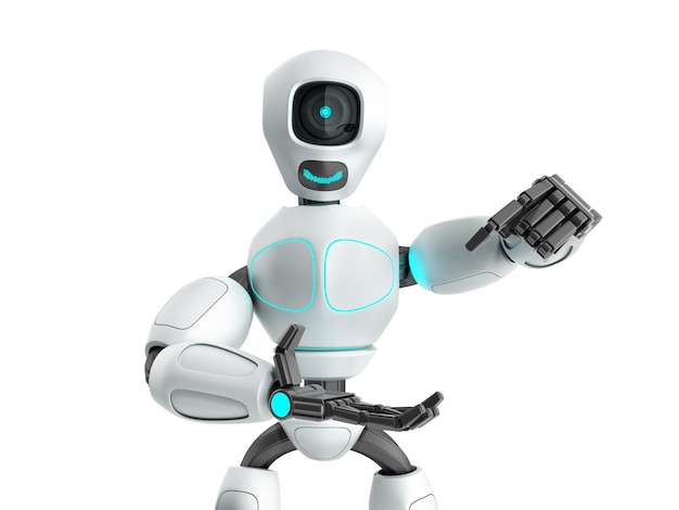 modernes Konzept der Produktpräsentation Roboter bereit, ein Objekt in die Hand einzufügen 3D-Render auf weiß