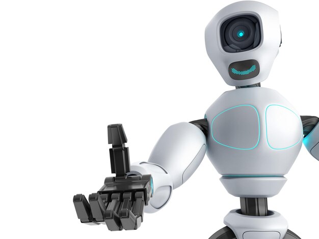 modernes Konzept der Produktpräsentation Roboter bereit, ein Objekt in die Hand einzufügen 3D-Render auf weiß
